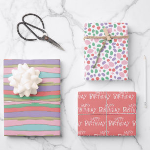 Stripes Dots and Happy Birthday Lettering Wrapping Paper Sheet