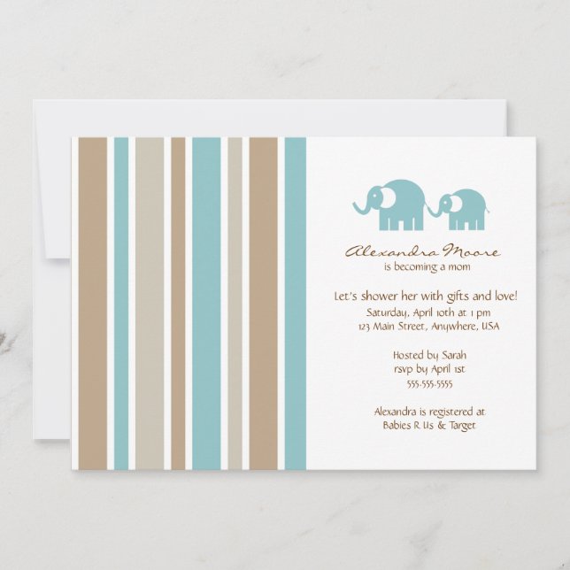 Stripes & Elephants Baby Shower Invitation (Front)