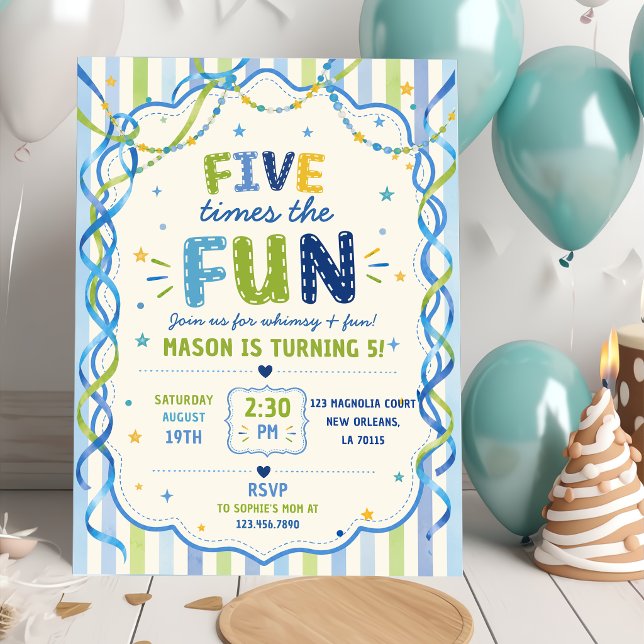 Stripes Five Times The Fun Colourful Birthday Invitation (Creator Uploaded)