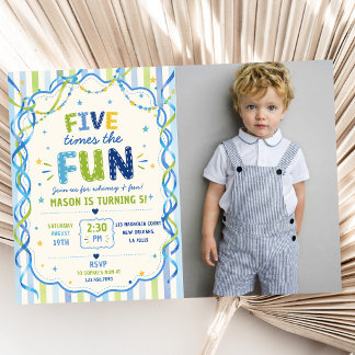 Stripes Five Times The Fun Colourful Birthday Phot Invitation
