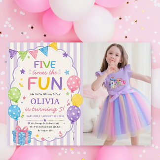Stripes Five Times The Fun Colourful Birthday Phot Invitation