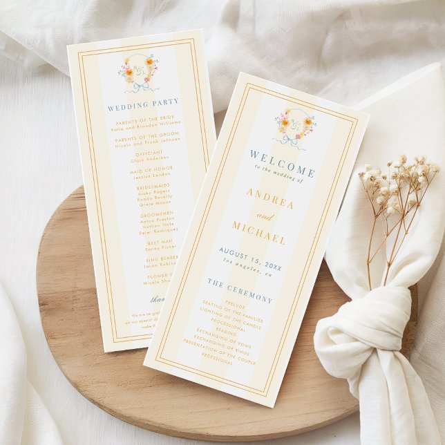 Stripes Floral Crest Monogram & Bow Spring Wedding Programme (Creator Uploaded)