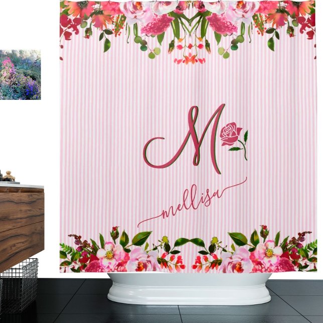 Stripes Floral Garden Pink Custom Monogram Name  Shower Curtain (Creator Uploaded)