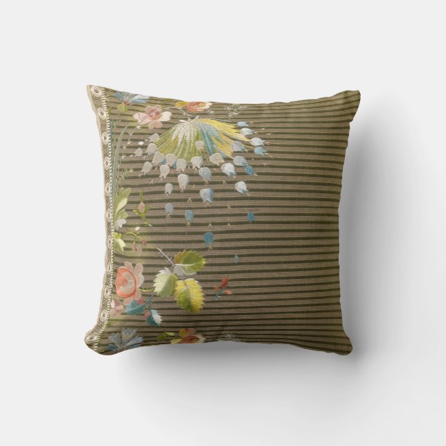 Stripes Floral Vintage Elegant Brocade Lace Cushion (Front)