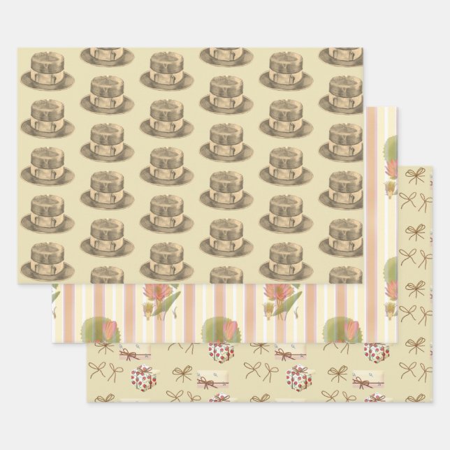 Stripes Flowers Hats Old Fashioned Wrapping Paper Sheet (Set)