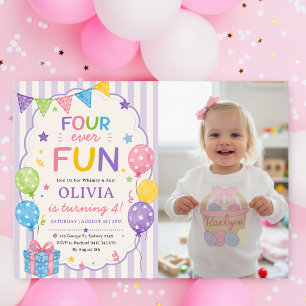 Stripes Four Ever Fun Colourful Birthday Photo Invitation