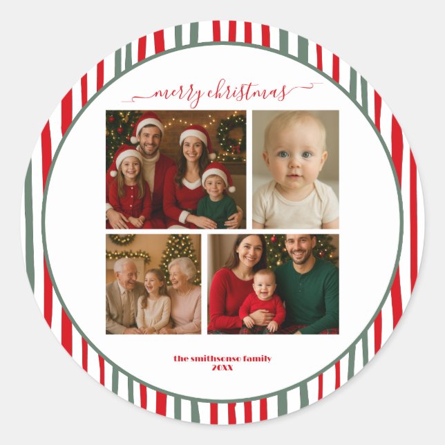 Stripes four family Photo merry Christmas Classic Round Sticker (Front)