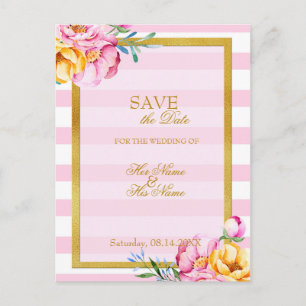 Stripes Gold Frame Flower Wedding Save the Date Announcement Postcard