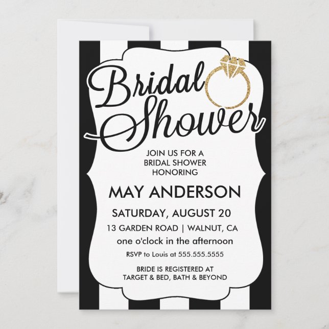Stripes Gold Glitter Ring Bridal Shower Invitation (Front)
