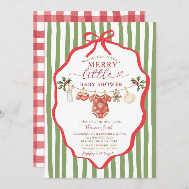 Stripes Green Clothesline Merry Little Baby Shower Invitation (Front/Back)