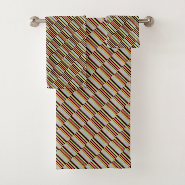 Stripes green grey orange pink bath towel set (Insitu)