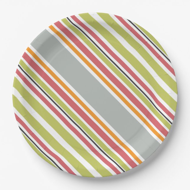 Stripes green grey orange pink paper plate (Front)