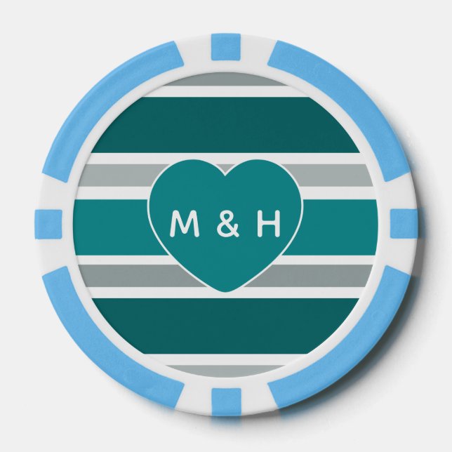 Stripes & Heart custom monogram & date poker chips (Front)