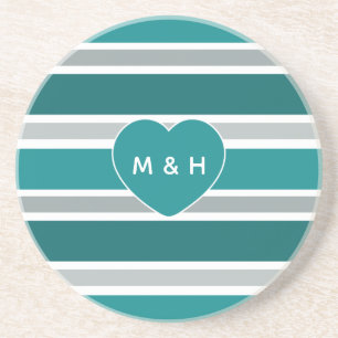 Stripes & Heart custom monogram sandstone coaster