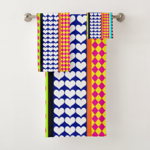 Stripes Hearts Diamonds Boho Mixed Design Bath Towel Set
