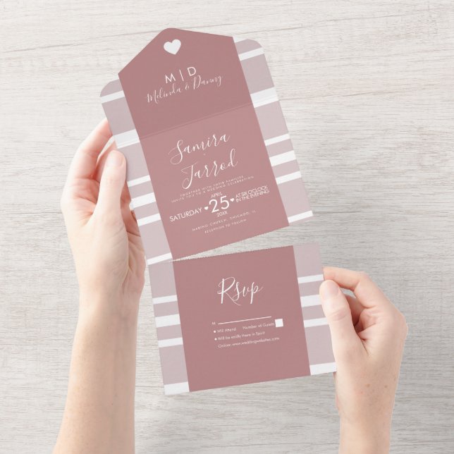 Stripes Hearts Earthy Tones Wedding All In One Inv All In One Invitation (Tearaway)