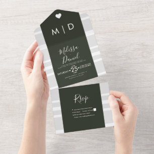 Stripes Hearts Green Grey Wedding All In One Invitation