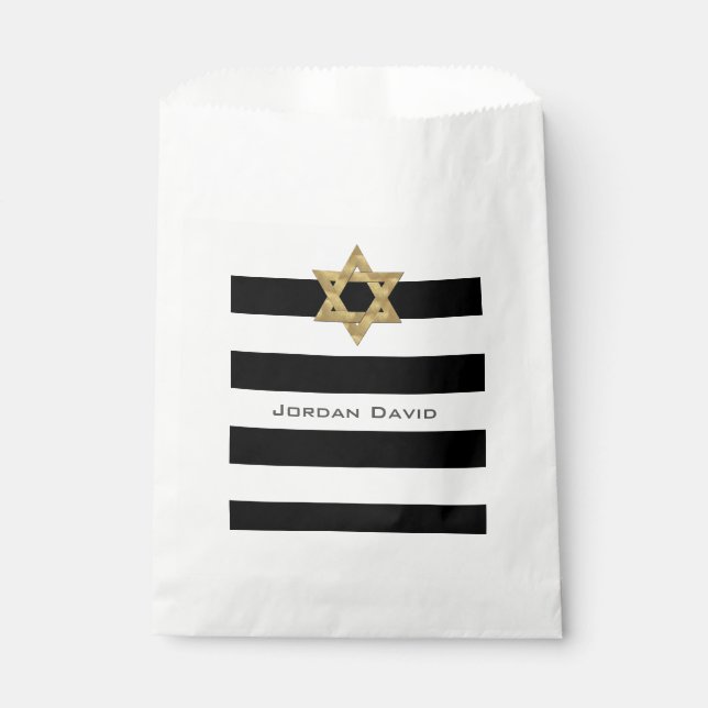 Stripes in black and white with gold Star of David Favour Bags (Front)