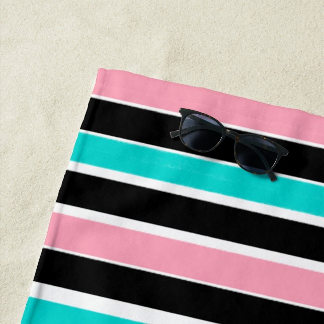 Stripes in Black Pink and Blue Beach Towel (In Situ)