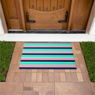 Stripes in Mint Green, Pink, and Navy Blue Doormat