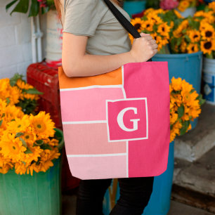 Stripes in pink, white and orange with Monogram Tote Bag