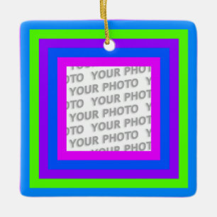 Stripes in Square Frame 3 + your photo Ceramic Ornament