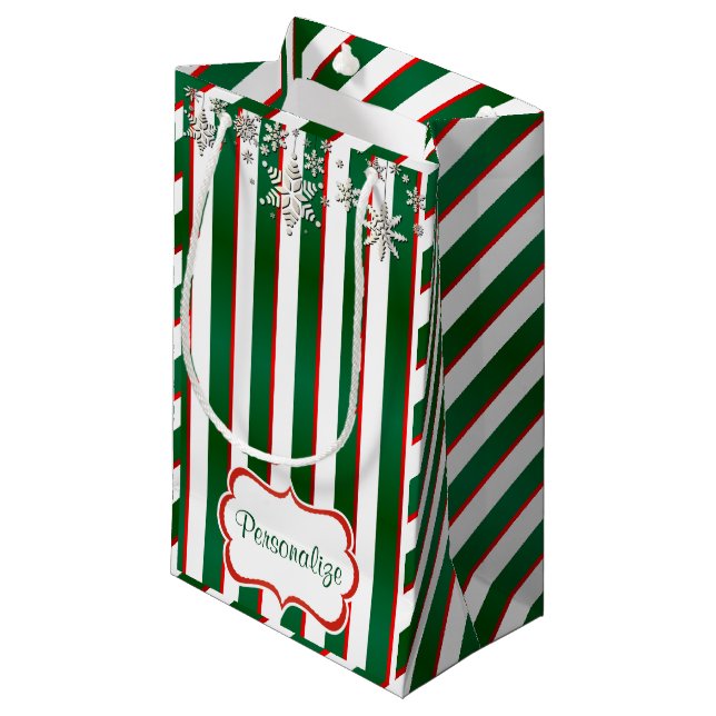 Stripes in White, Green and Christmas Red Small Gift Bag (Front Angled)