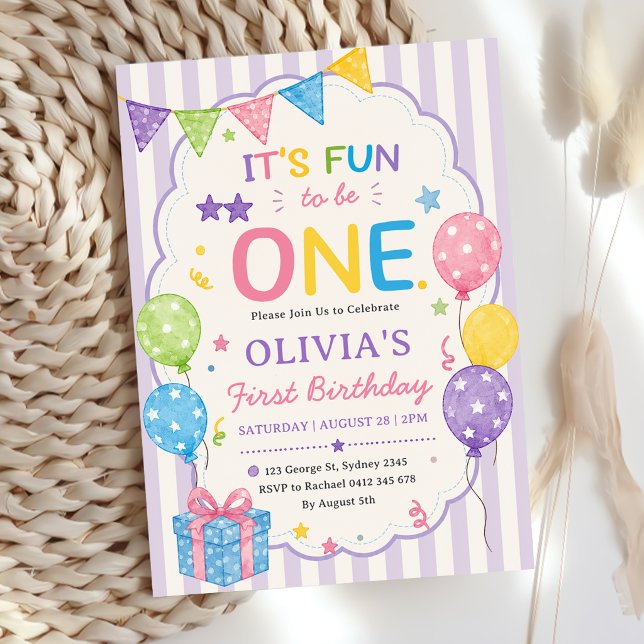 Stripes It's Fun To Be One Colourful Birthday Invitation (Creator Uploaded)