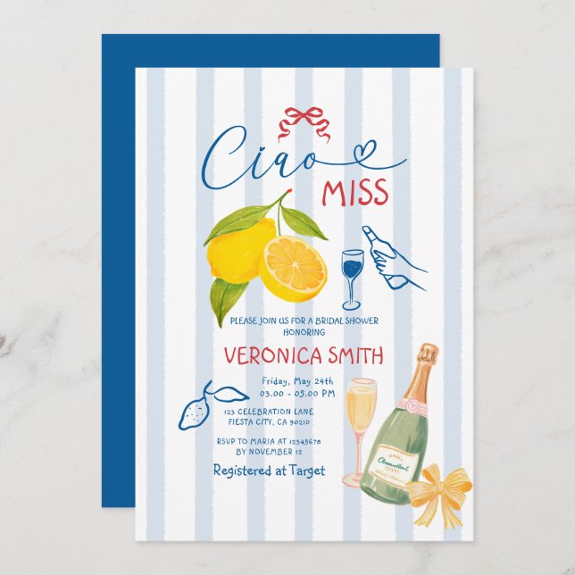 Stripes Lemon Blue Italy Ciao Bridal Shower Invitation (Front/Back)