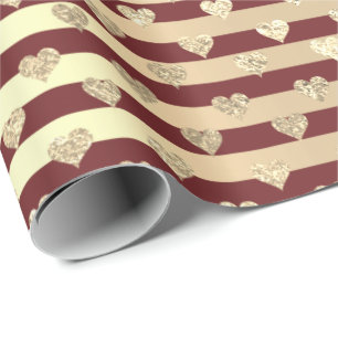 Stripes Line Heart Champaigne Gold Burgundy Maroon Wrapping Paper