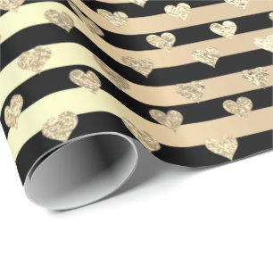 Stripes Lines Hearts Champaigne Gold Black Wrapping Paper