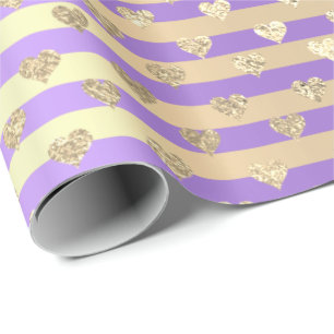 Stripes Lines Hearts Champaigne Gold Purple Wrapping Paper