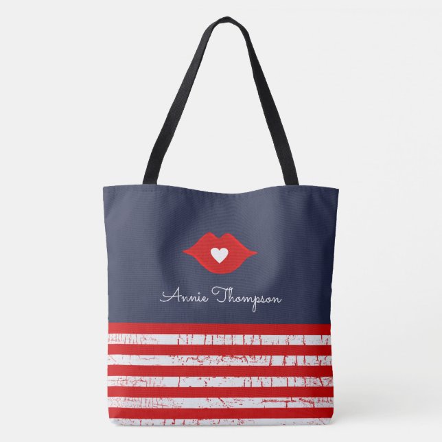 Stripes, lips & love heart stylish tote bag (Back)