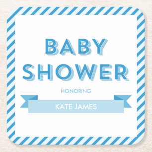 Stripes Modern Blue Baby Shower Square Paper Coaster