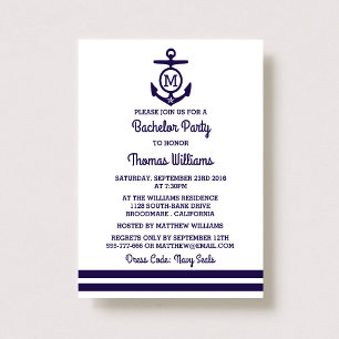 Stripes & Monogram Anchor Nautical Bachelor Party Invitation