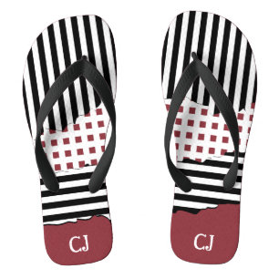 Stripes Net Black, White, Red Layered Initials Jandals