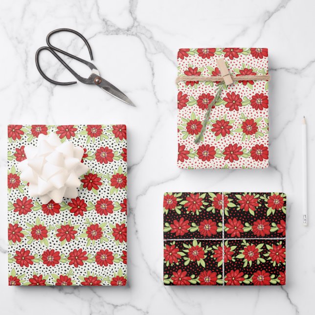 Stripes of Red Flowers Floral Wrapping Paper Sheet (Front)