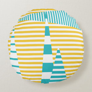 Stripes on Stripes - Turquoise and Yellow Round Cushion