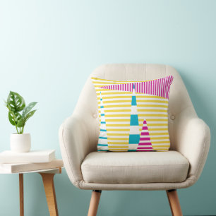 Stripes on Stripes - Turquoise, Yellow and Pink Cushion