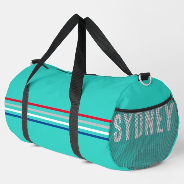 Stripes on Teal Custom Name Duffle Bag (Right Corner)