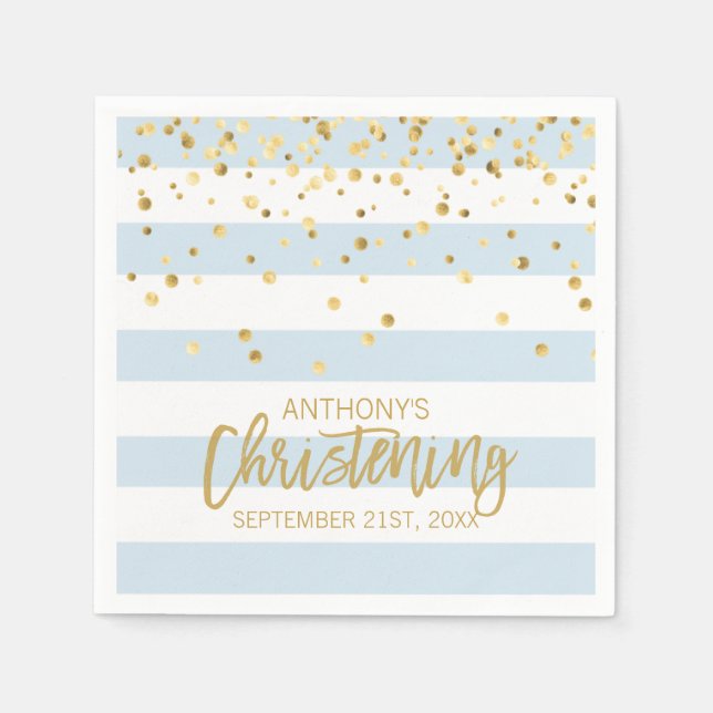 Stripes Pastel Blue Gold BOY CHRISTENING Napkin (Front)