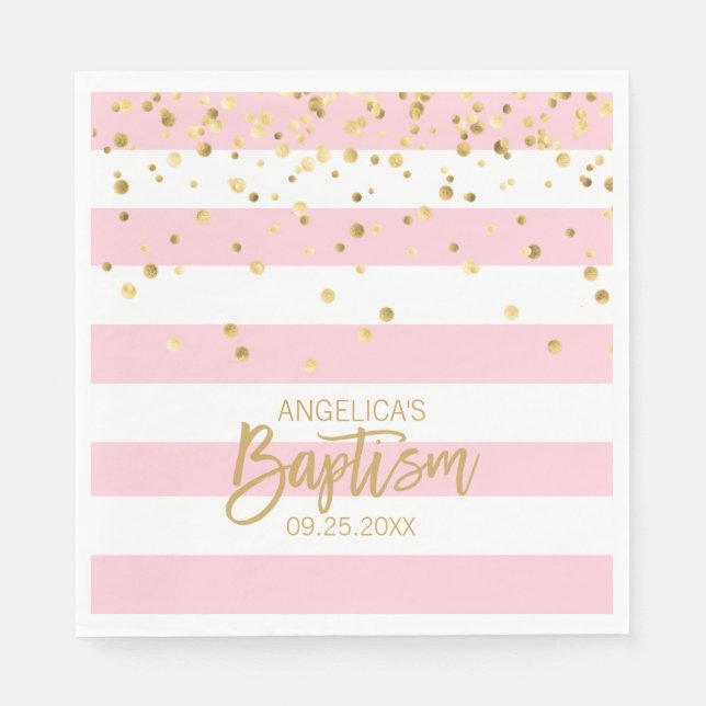 Stripes Pastel PINK Gold GIRL BAPTISM Luncheon Napkin (Front)