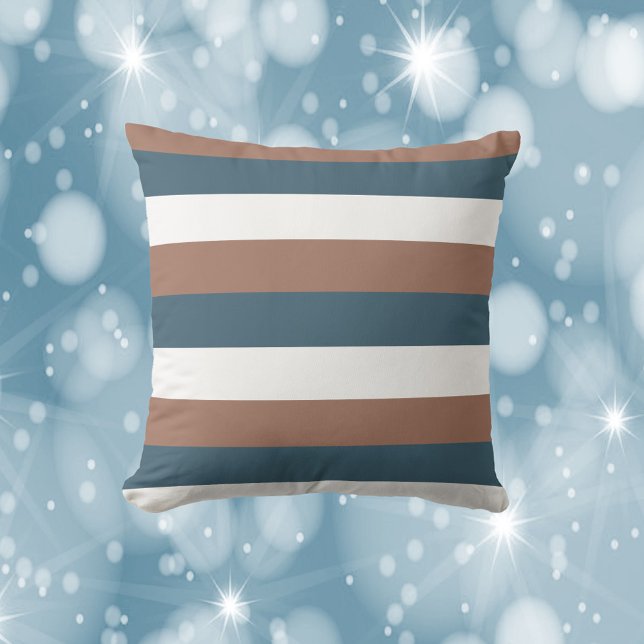 Stripes Pattern Mocha Brown Teal White Cushion (A throw pillow with mocha brown, teal and white stripes)