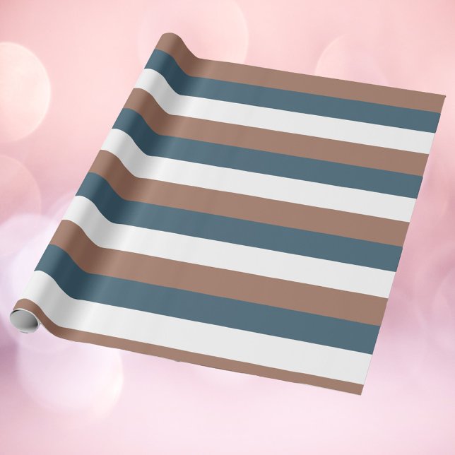 Stripes Pattern Mocha Brown Teal White Wrapping Paper (Wrapping paper with a pattern of mocha brown, teal and white stripes)