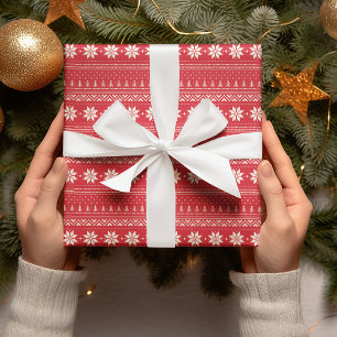 Stripes Pattern Red & White Snowflake Christmas Wrapping Paper