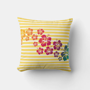 Stripes Pattern white & black + hibiscus Cushion
