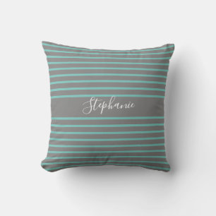 Stripes Patterns Custom Name White Grey Teal Blue Cushion