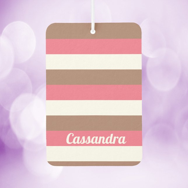 Stripes Personalise Pink Brown White Car Air Freshener (An air freshener with pink, brown and white stripes along with text that can be personalized.)