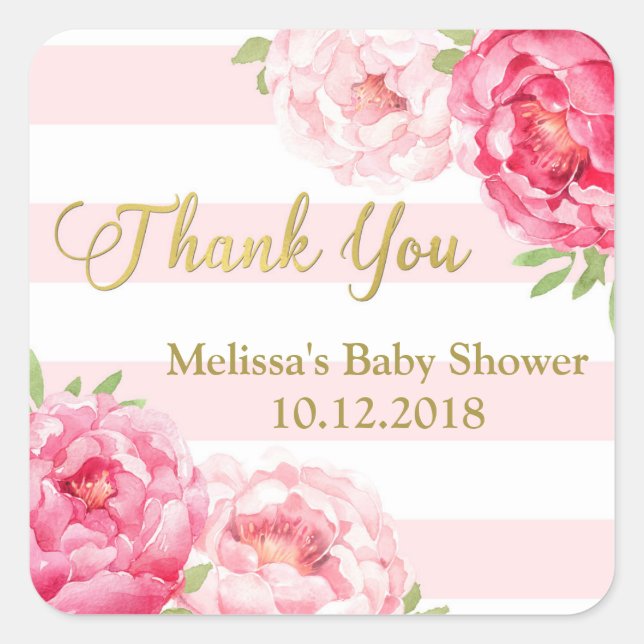 Stripes Pink Blush Floral Baby Shower Thank You Square Sticker (Front)