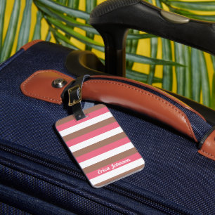 Stripes Pink Brown White Personalise Luggage Tag